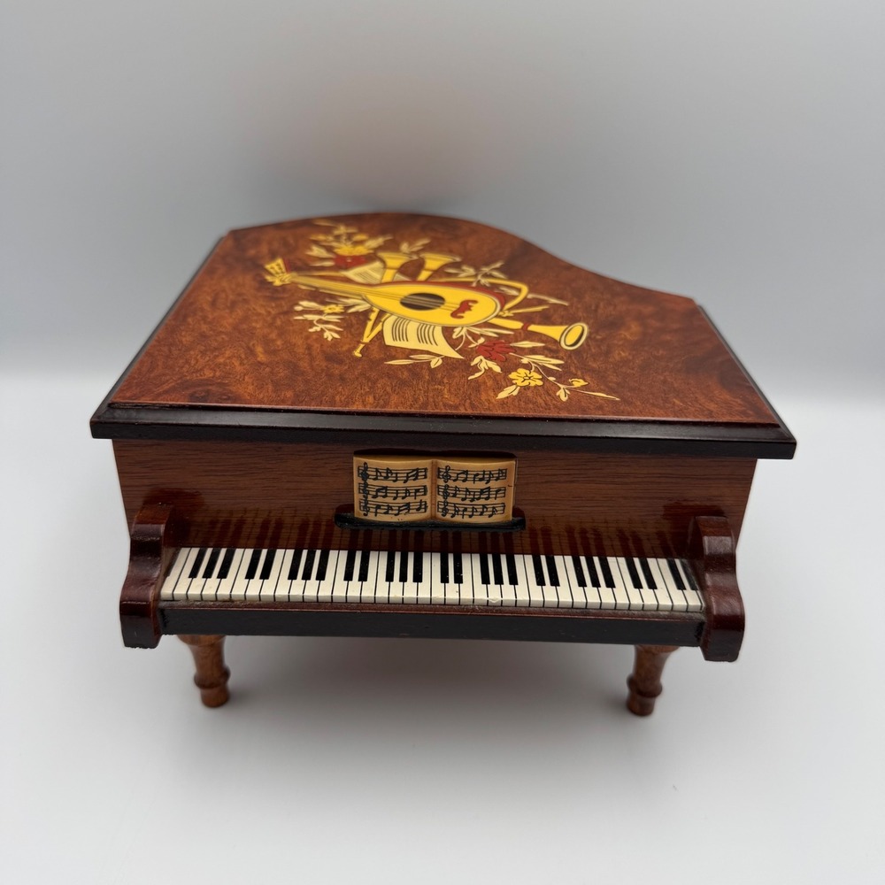 Vintage Wooden Grand Piano Music Box Jewelry Box Inlaid Wood Japan Miniature